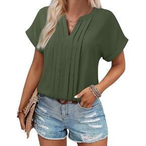 Gaharu Women's Summer Pleated Work Top Short Sleeve Business Casual Blouse Basic Dressy Shirt