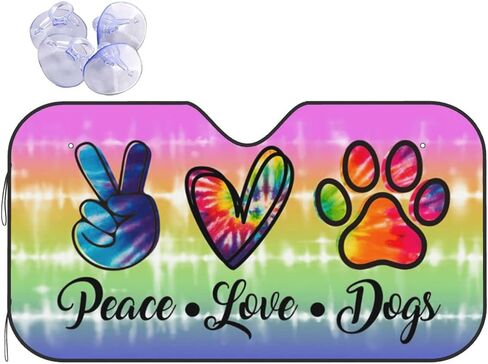 Rainbow Peace Love Paws Dogs Colorful Tie Tye Windshield Sun Shade Front Protector Folding Car Sun Visor Blocks Uv Rays Keeps Your Vehicle Cool in Saudi Arabia