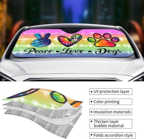 Rainbow Peace Love Paws Dogs Colorful Tie Tye Windshield Sun Shade Front Protector Folding Car Sun Visor Blocks Uv Rays Keeps Your Vehicle Cool in Saudi Arabia