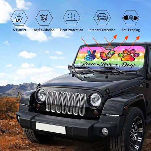 Rainbow Peace Love Paws Dogs Colorful Tie Tye Windshield Sun Shade Front Protector Folding Car Sun Visor Blocks Uv Rays Keeps Your Vehicle Cool in Saudi Arabia