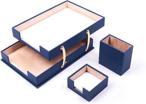 MOOG Leather Double Document Tray - Pen Holder - Note Paper Holder -3 Accessories-Desk Organizer - Office Desk Accessories - Desktop Storage - 3 PCS (Blue) in Saudi Arabia