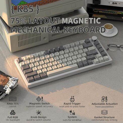 ATTACK SHARK K85 Rapid Trigger 75% Wired Mechanical Gaming Keyboard Gasket with Hot Swapped Adjustable Actuation Magnetic Switch Programmable Knob TKL RGB Backlit PBT Keycaps for Win Mac Gamer(Black) in Saudi Arabia