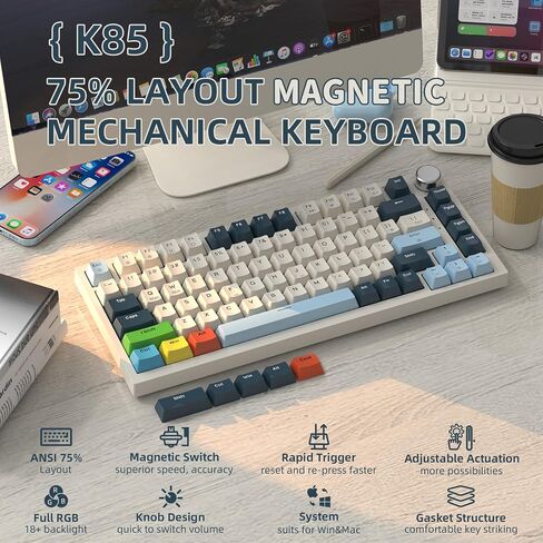 K85 Rapid Trigger 75% حشية لوحة مفاتيح ميكانيكية سلكية للألعاب مع مقبض مفتاح مغناطيسي قابل للتعديل وكابل ملفوف بإضاءة خلفية RGB و5 أغطية مفاتيح PBT إضافية للاعبي Win Mac (أزرق) in Saudi Arabia