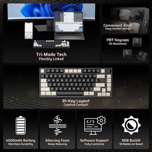 LTC Nimbleback NB831 Wireless 75% 3-Mode BT5.0/2.4Ghz/USB-C Wired Hot Swappable Mechanical Keyboard, 81-Keys RGB Compact Gaming Keyboard with Knob, Sound Absorbing Pads, PBT Keycaps, Pro Driver in Saudi Arabia