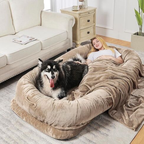Dog Bed for Humans - Human Dog Bed for People Adult, Giant Dog Bed for Humans Adult, Human Size Dog Bed for Napping Families with Blanket, Throw Pillow, Grey in Saudi Arabia