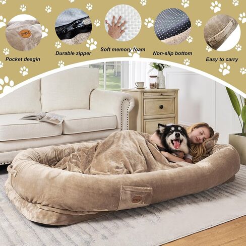 Dog Bed for Humans - Human Dog Bed for People Adult, Giant Dog Bed for Humans Adult, Human Size Dog Bed for Napping Families with Blanket, Throw Pillow, Grey in Saudi Arabia