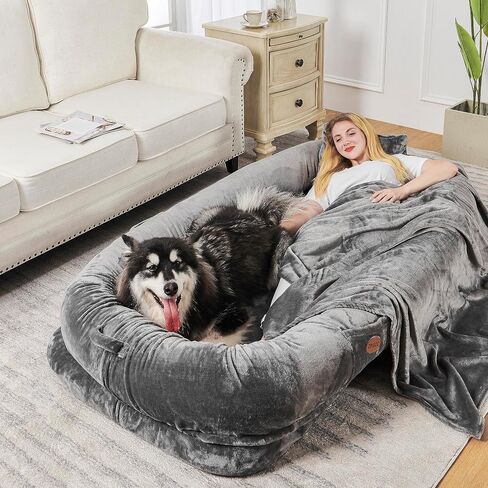 Dog Bed for Humans - Human Dog Bed for People Adult, Giant Dog Bed for Humans Adult, Human Size Dog Bed for Napping Families with Blanket, Throw Pillow, Grey in Saudi Arabia
