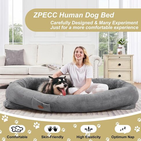 Dog Bed for Humans - Human Dog Bed for People Adult, Giant Dog Bed for Humans Adult, Human Size Dog Bed for Napping Families with Blanket, Throw Pillow, Grey in Saudi Arabia