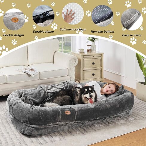 Dog Bed for Humans - Human Dog Bed for People Adult, Giant Dog Bed for Humans Adult, Human Size Dog Bed for Napping Families with Blanket, Throw Pillow, Grey in Saudi Arabia