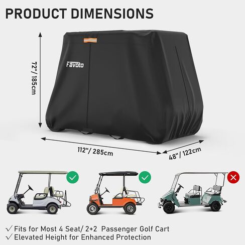 غطاء عربة الجولف Favoto 4 ركاب - مقاوم للماء عالي التحمل 300D أكسفورد مع فتحات تهوية مسامية وسحابات جانبية مناسبة عالميًا لغبار نادي السيارات والرياح الشمسية وحماية خارجية، 112 بوصة × 48 بوصة × 73 بوصة in Kuwait
