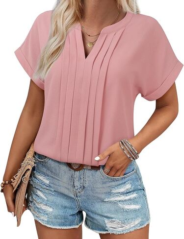 Gaharu Women's Summer Pleated Work Top Short Sleeve Business Casual Blouse Basic Dressy Shirt in Kuwait