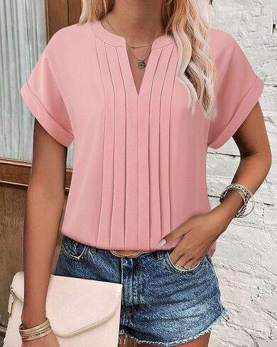 Gaharu Women's Summer Pleated Work Top Short Sleeve Business Casual Blouse Basic Dressy Shirt in Kuwait
