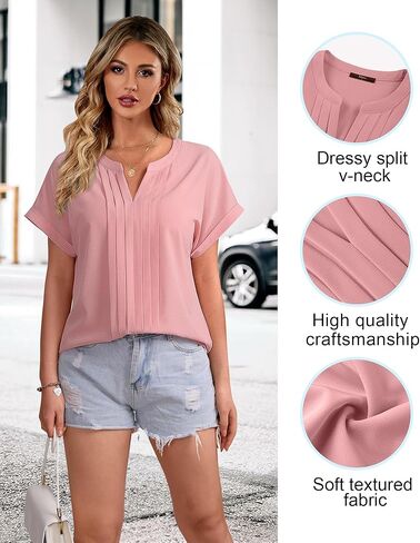Gaharu Women's Summer Pleated Work Top Short Sleeve Business Casual Blouse Basic Dressy Shirt in Kuwait