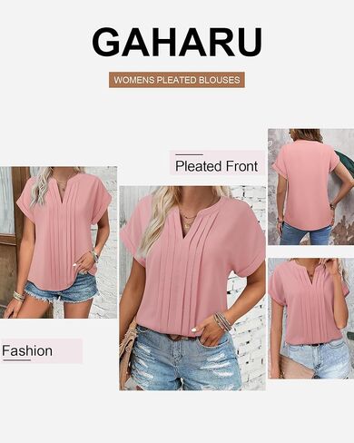 Gaharu Women's Summer Pleated Work Top Short Sleeve Business Casual Blouse Basic Dressy Shirt in Kuwait