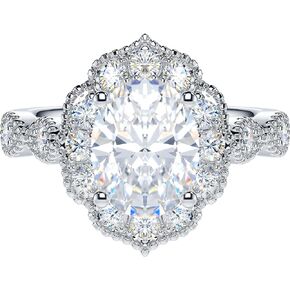 THELANDA 2CT Oval Cut Genuine Moissanite or Simulated Diamond Sterling Silver Milgrain Vintage Promise Ring Halo Engagement Ring