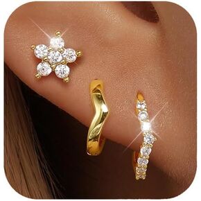 GEORGE · SMITH 3 Pairs Gold Hoop Earrings for Women, Flower Heart shaped small earrings, Cubic zirconia flower studs women's hoop earrings gold jewelry for women