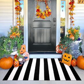 Black White Striped Rug - 3'X5' Front Door Mat Outdoor, Welcome Mats Rug Outdoor, Cotton Washable Front Porch Rug Layered Doormats for Front Porch/Farmhouse/Entryway