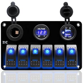 FXC 12 Volt Aluminum Marine Boat Rocker Switch Panel Waterproof 6 Gang Toggle Switch Panel Green LED Lighted for Car Truck RV UTV ATV with USB Cigarette Lighter Socket Voltmeter
