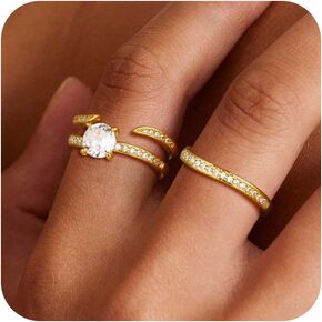 Gold Rings for Women, 14K Gold Plated Engagement Rings for Women 3PCs Cubic Zirconia Promise Rings Dainty Wedding Band Ring Set Fashion Jewelry for Women Size 5-10