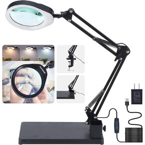 YOCTOSUN Magnifying Glass with Light and Stand, 10X Magnifying Lamp with Clamp, 5" Large Optical Glass Lens, 3 Color Modes Stepless Dimmable, Adjustable Swivel Arm Desk Magnifier for Hobby Reading