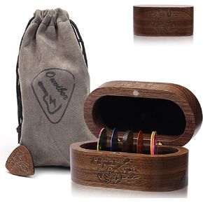 Black Walnut Guitar Pick Holder, with 1 Wooden Pick & 6 Celluloid Picks in 3 Thicknesses Cool Exquisite Guitar Accessories Gifts for Musicians, Rock and Roll, Him, Husband, Boyfriend, Teens
