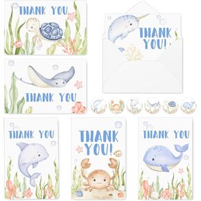 Whaline 30 Pack Under the Sea Thank You Cards with Envelopes Stickers Watercolor Ocean Animal Baby Shower Thank You Cards for Greeting Birthday 4 x 6 Inch