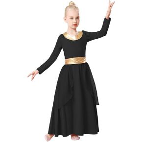 Girls Metallic Gold Praise Dance Dress Robe Long Sleeve Liturgical Worship Costume Chiffon Skirt Lyrical Gown