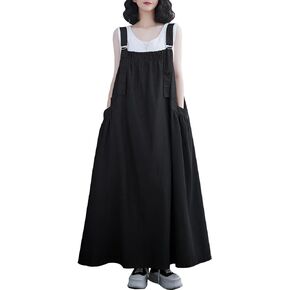 Denim Jumper Dress for Women Loose Version Baggy Style Maxi Length Adjustable Straps Wide Hemline