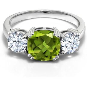 Gem Stone King 925 Sterling Silver Green Peridot and White Zirconia 3 Stone Engagement Ring For Women (3.95 Cttw, Gemstone August Birthstone, Cushion 8MM, Available in Size 5,6,7,8,9)