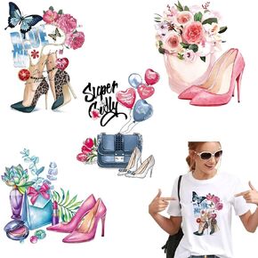 Flowers Iron on Decals Stickers 4 Pieces Fashion High Heels Butterfly Handbag Iron on Patches DIY Applique T-Shirt Cowboy Backpacks Clothes for Women Girl Princess