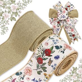 2 Roll Vintage Floral Wired Edge Ribbon 20 Yard 2.5 Inch Wildflower Fabric Ribbon for Bow Wreath Craft Gift Wrap Spring Holiday Party Home Decor