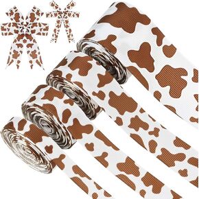 4Rolls Brown Cow Grosgrain Ribbons, 20 Yards Highland Cow Spot Fabric Ribbons Animal Print Ribbon for Gift Wrapping Bow Making Sewing Craft Supplies
