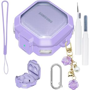 Purple Clear Case for Samsung Galaxy Buds FE/2 Pro/Pro/Live Secure Lock Cover with Cleaning Pen, Snap Switch for Galaxy Buds Fe Case with Silicone Wrist Strap Cute Flower Pendant Keychain for Women