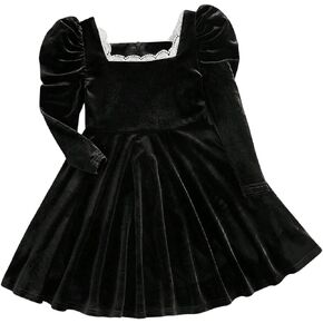 SweatyRocks Girl's Long Puff Sleeve Square Neck Lace Trim Dress A Line Velvet Short Dresses