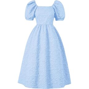 SweatyRocks Girl's Textured Puff Sleeve Dress High Waist A Line Casual Dresses
