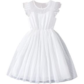 WDIRARA Girl's Ruffle Trim Contrast Mesh Cap Sleeve High Waisted A Line Flare Cute Dress