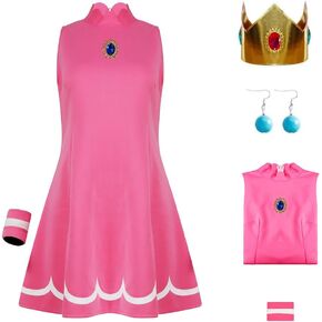 Princess Costume Dress Womens Super Brothers Halloween Dress Crown Earrings Set for Adults