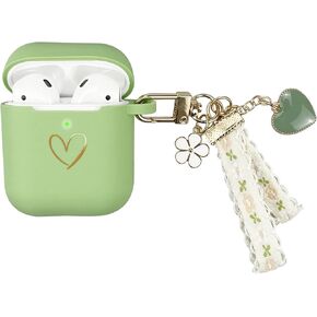 Compatible with AirPods Case Cover, Soft Silicone Case with Gold Heart Pattern for AirPods 2&1 Generation Case with Vintage Starry Mountains Keychain for Girls Women (Black)