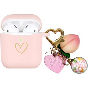 Compatible with AirPods Case Cover, Soft Silicone Case with Gold Heart Pattern for AirPods 2&1 Generation Case with Vintage Starry Mountains Keychain for Girls Women (Black) in Kuwait