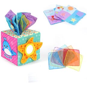 Baby Square Tissue Box Toy, Baby Sensory Toys Musical Toys Montessori Toys Crinkle Toys Colorful Soft Scarf Box for 6 9 12 Months Toddlers Infants Newborns Gift(Sea)