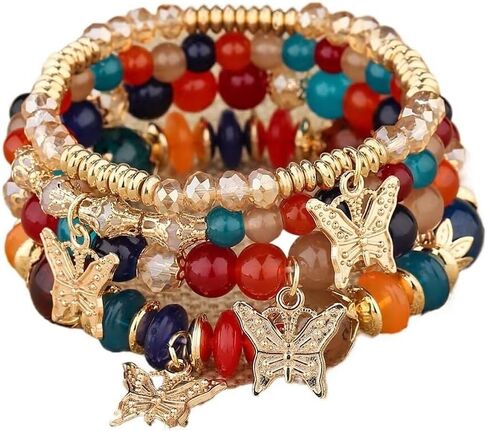 4Pcs Bohemian Butterfly Stone Pendant Stretch Bracelets Set for Women Girls Gold Plated Beaded Stackable Bracelet Colorful Charm Summer Beach Jewelry in Saudi Arabia