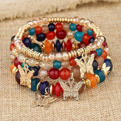 4Pcs Bohemian Butterfly Stone Pendant Stretch Bracelets Set for Women Girls Gold Plated Beaded Stackable Bracelet Colorful Charm Summer Beach Jewelry in Saudi Arabia