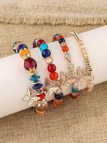 4Pcs Bohemian Butterfly Stone Pendant Stretch Bracelets Set for Women Girls Gold Plated Beaded Stackable Bracelet Colorful Charm Summer Beach Jewelry in Saudi Arabia