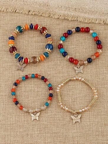 4Pcs Bohemian Butterfly Stone Pendant Stretch Bracelets Set for Women Girls Gold Plated Beaded Stackable Bracelet Colorful Charm Summer Beach Jewelry in Saudi Arabia