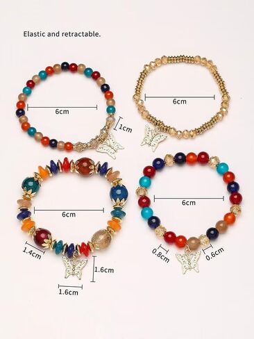 4Pcs Bohemian Butterfly Stone Pendant Stretch Bracelets Set for Women Girls Gold Plated Beaded Stackable Bracelet Colorful Charm Summer Beach Jewelry in Saudi Arabia