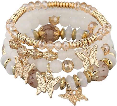 4Pcs Bohemian Butterfly Stone Pendant Stretch Bracelets Set for Women Girls Gold Plated Beaded Stackable Bracelet Colorful Charm Summer Beach Jewelry in Saudi Arabia