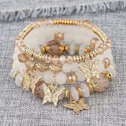 4Pcs Bohemian Butterfly Stone Pendant Stretch Bracelets Set for Women Girls Gold Plated Beaded Stackable Bracelet Colorful Charm Summer Beach Jewelry in Saudi Arabia