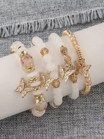 4Pcs Bohemian Butterfly Stone Pendant Stretch Bracelets Set for Women Girls Gold Plated Beaded Stackable Bracelet Colorful Charm Summer Beach Jewelry in Saudi Arabia