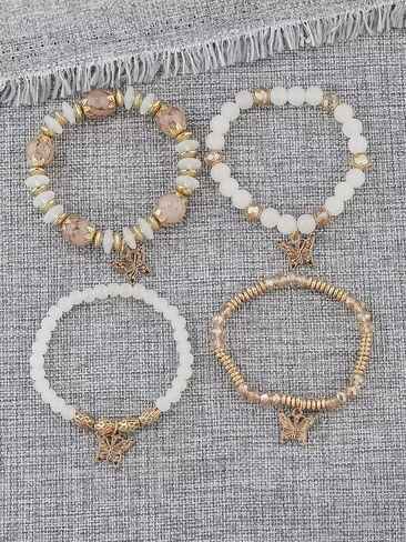 4Pcs Bohemian Butterfly Stone Pendant Stretch Bracelets Set for Women Girls Gold Plated Beaded Stackable Bracelet Colorful Charm Summer Beach Jewelry in Saudi Arabia
