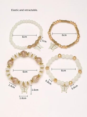 4Pcs Bohemian Butterfly Stone Pendant Stretch Bracelets Set for Women Girls Gold Plated Beaded Stackable Bracelet Colorful Charm Summer Beach Jewelry in Saudi Arabia